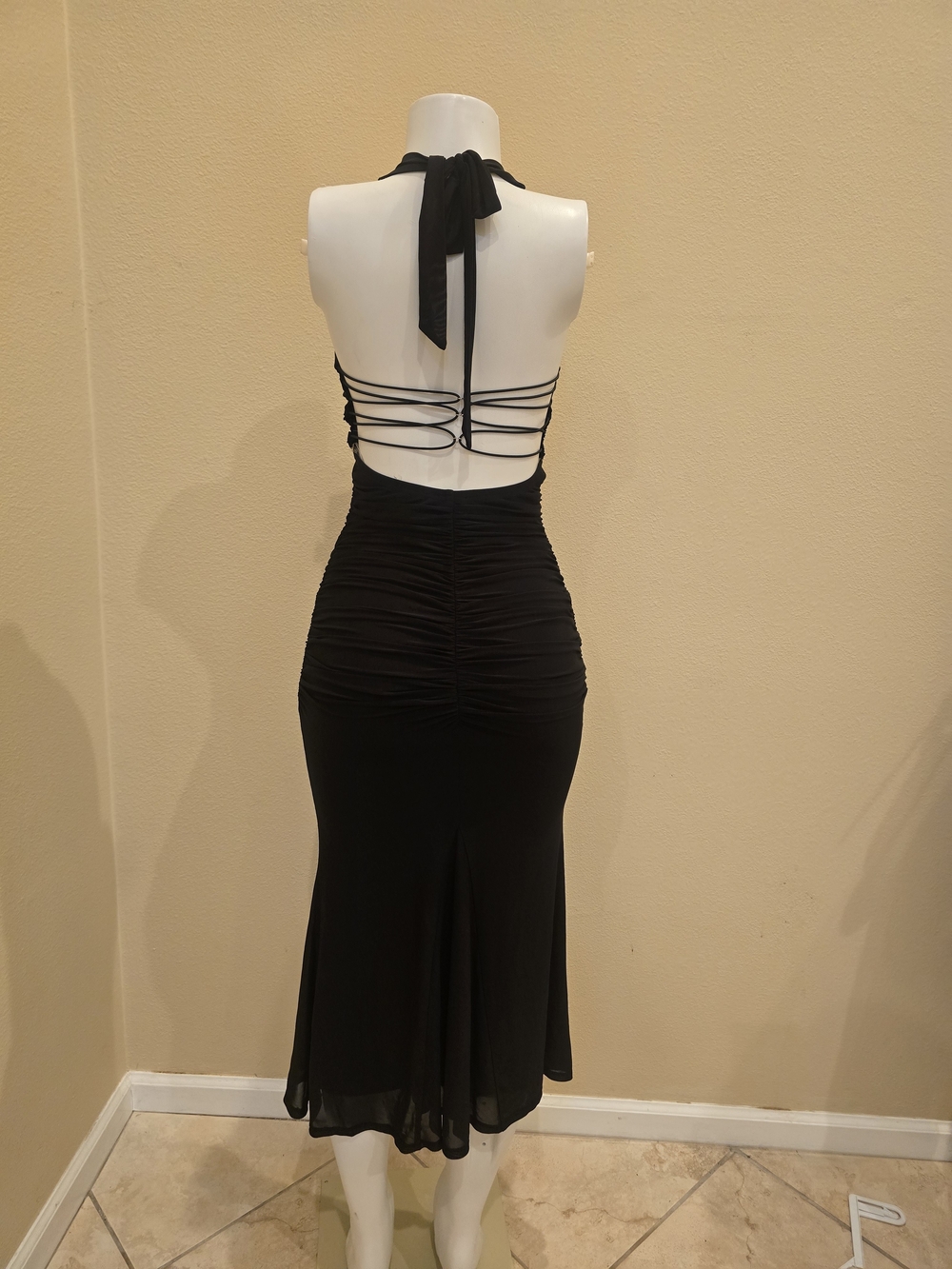 Brand New! Black Halter-Back Mini Dress with Strappy Cutout Detail